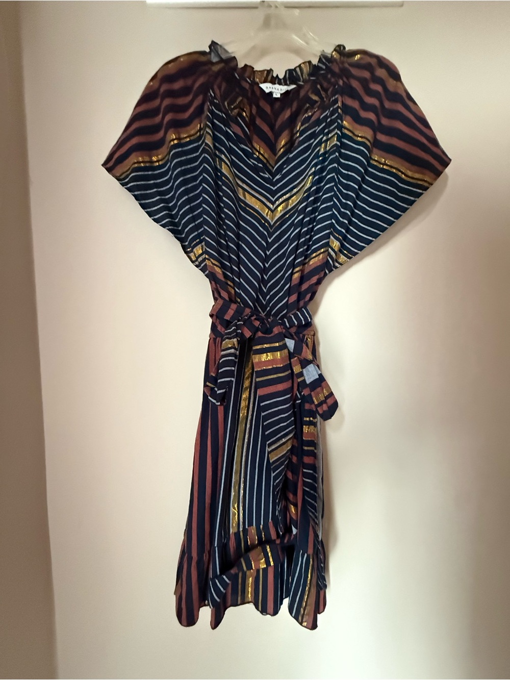 Ranna Gill Black, Rust and Gold Striped Belted Midi Dress